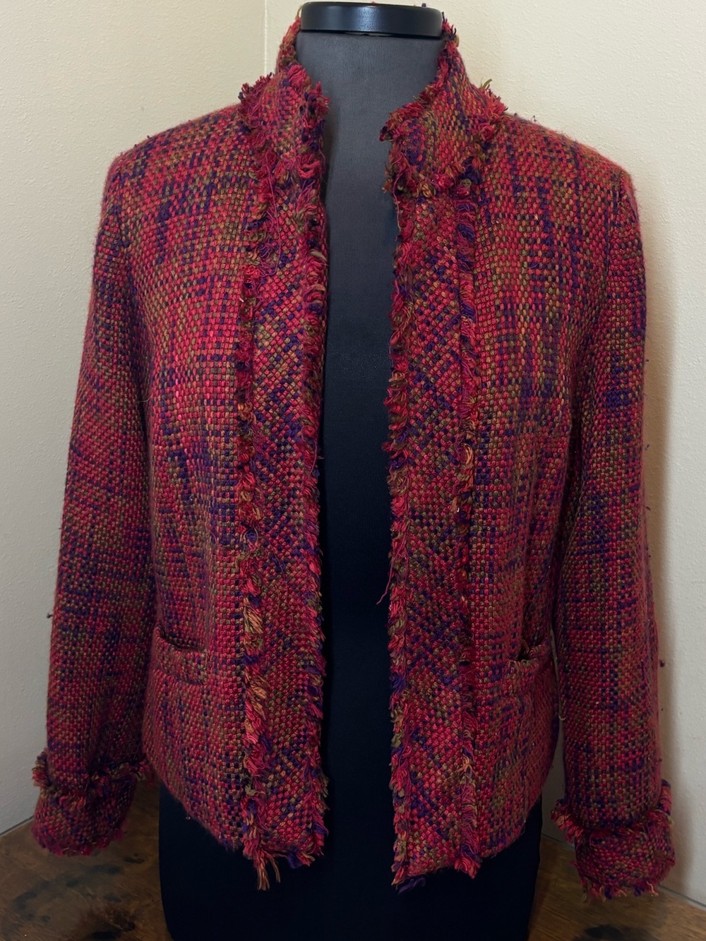 Coldwater Creek Fringed Tweed Open Front Jacket in Red Multicolor, petite medium